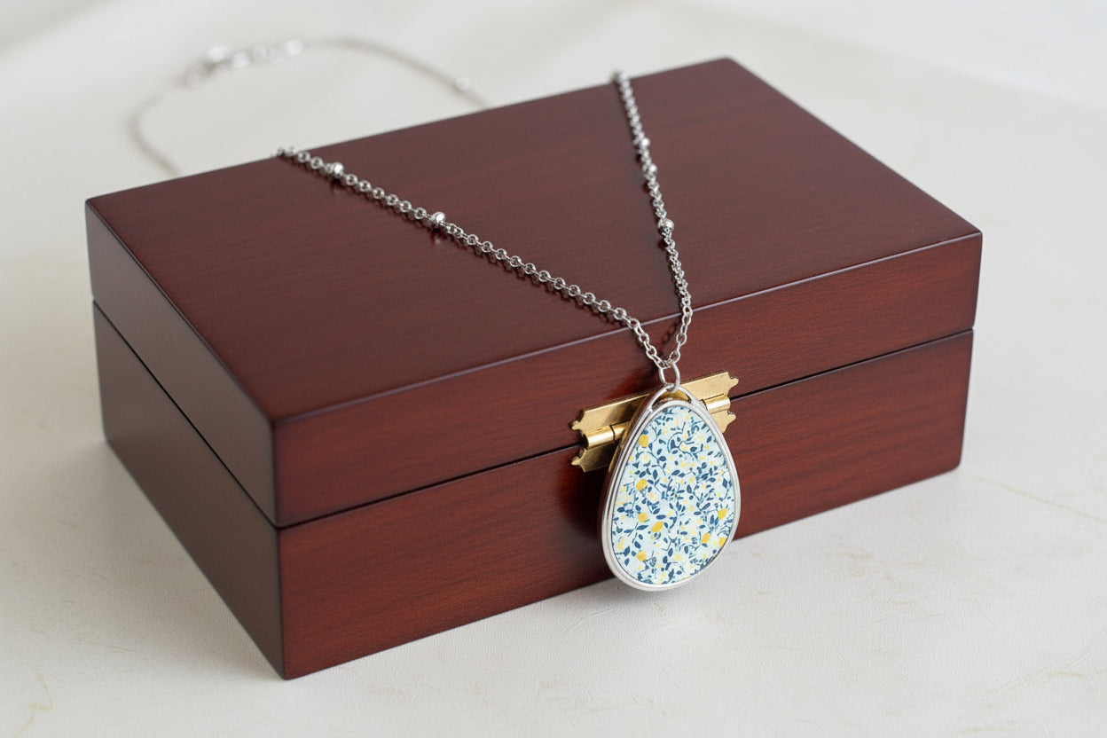 Blue & Yellow Pattern Floral Oval Teardrop Necklace