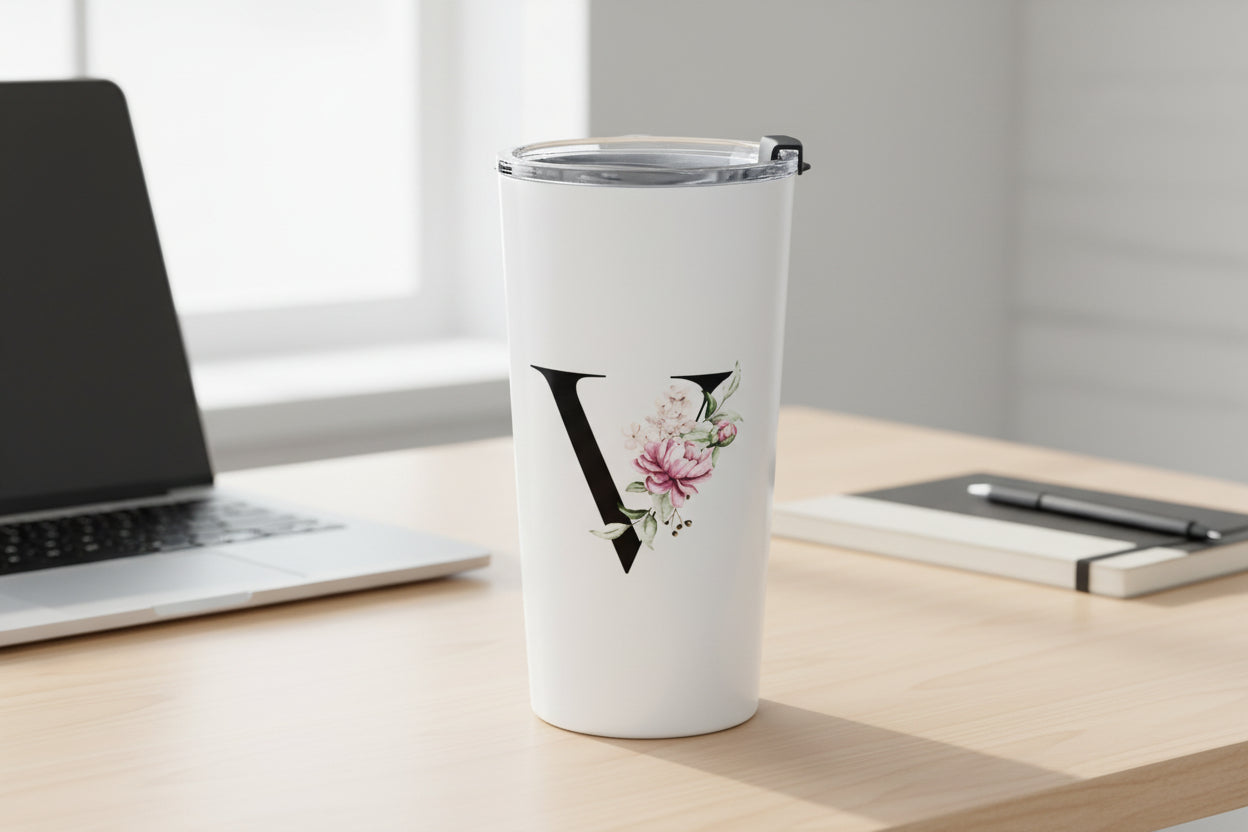 Elegant Letter "V" Floral Monogram Tumbler 20oz