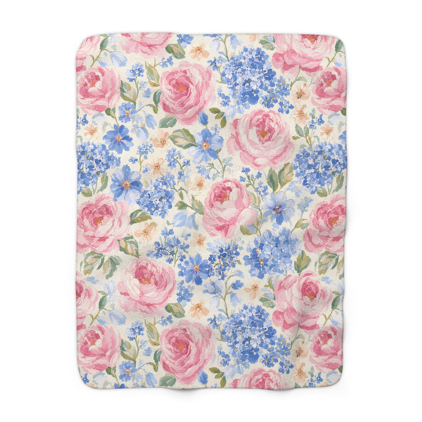 Cozy Vintage Pink Rose & Blue Hydrangea Sherpa Throw