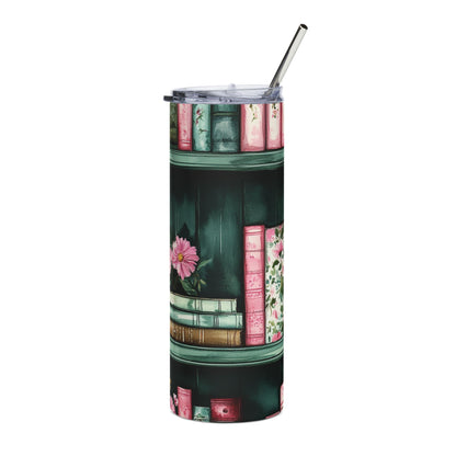 Pink Flowers & Vintage Books Stainless Steel Tumbler - 20oz