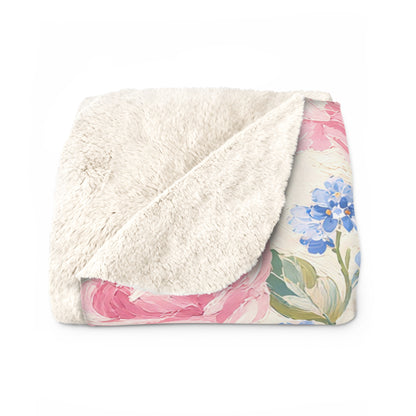 Cozy Vintage Pink Rose & Blue Hydrangea Sherpa Throw