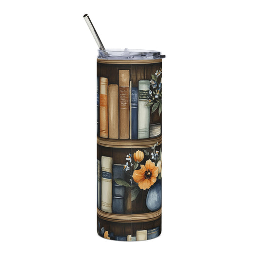 Cozy Floral Bookshelf Stainless Steel Tumbler - 20oz