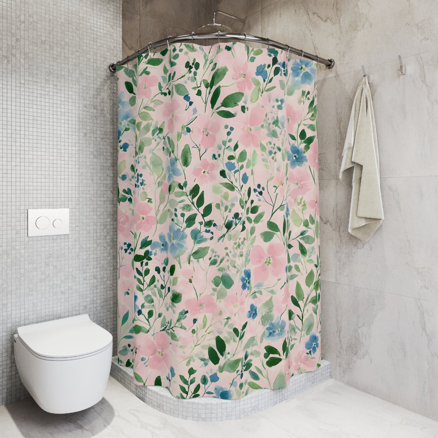 Floral Pink & Blue Watercolor Shower Curtain
