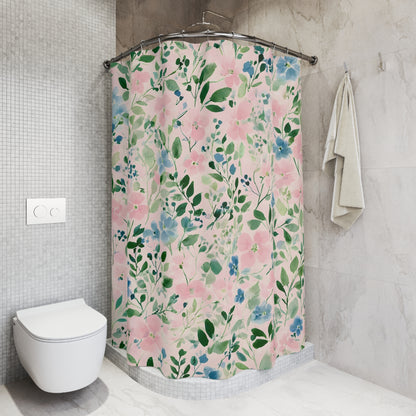 Floral Pink & Blue Watercolor Shower Curtain