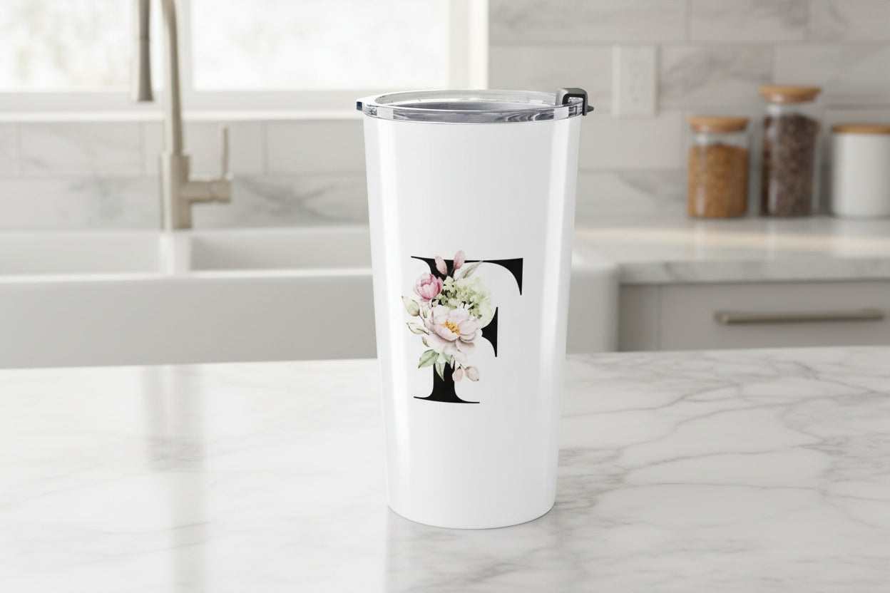 Elegant Letter "T" Floral Monogram Tumbler 20oz