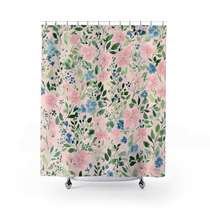 Floral Pink & Blue Watercolor Shower Curtain
