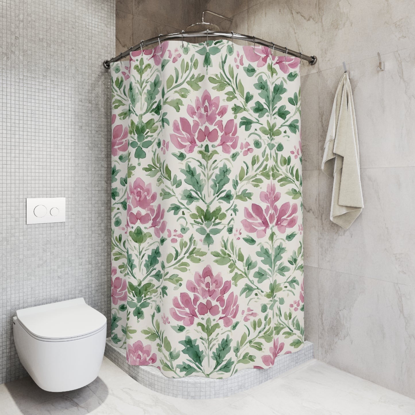 Floral Pink Green Damask Shower Curtain