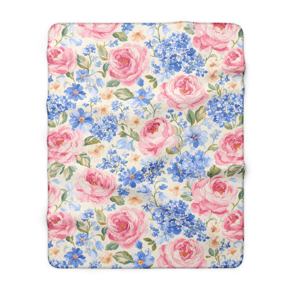 Cozy Vintage Pink Rose & Blue Hydrangea Sherpa Throw