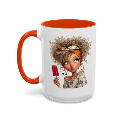 Cute Popsicle Illustrated Curly-Haired Girl Art Coffee Mug