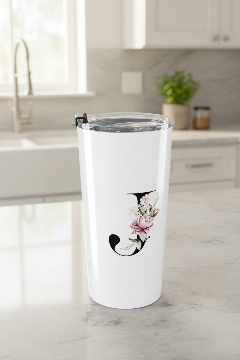 Elegant Letter "A-Z" Floral Monogram Tumbler 20oz