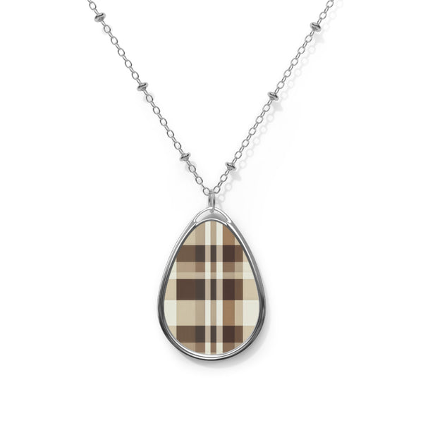 Plaid Beige Oval Pendant Necklace