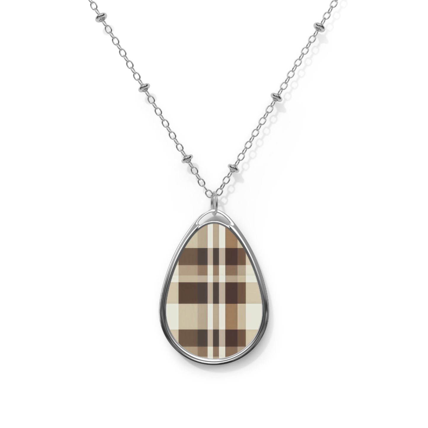 Plaid Beige Oval Pendant Necklace