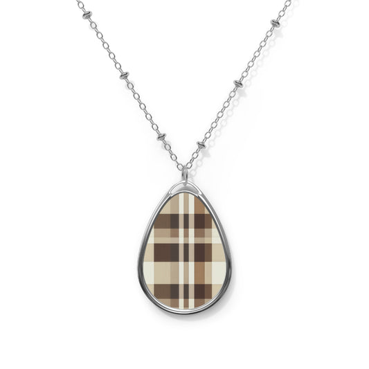 Plaid Beige Oval Pendant Necklace