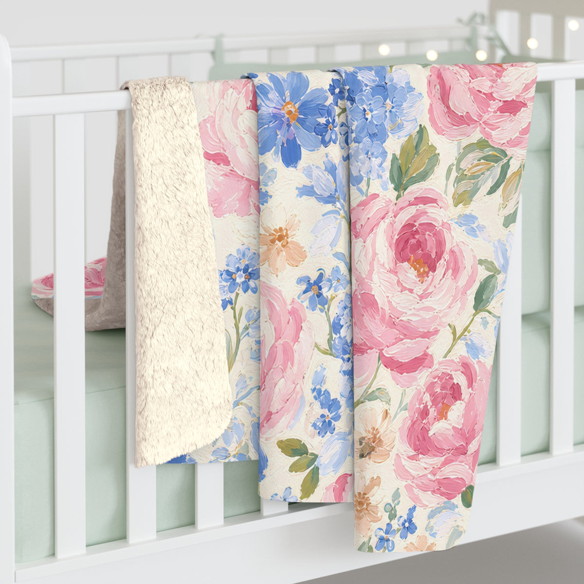 Cozy Vintage Pink Rose & Blue Hydrangea Sherpa Throw