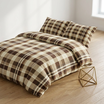 Classic Brown & Cream Plaid Cotton Duvet Cover Set