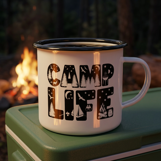 Vintage Camping Adventure with Tent Enamel Mug