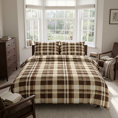 Classic Brown & Cream Plaid Cotton Duvet Cover Set