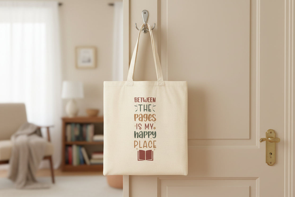 "Between The Pages is My Happy Place" Canvas Tote
