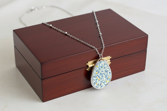Blue & Yellow Pattern Floral Oval Teardrop Necklace