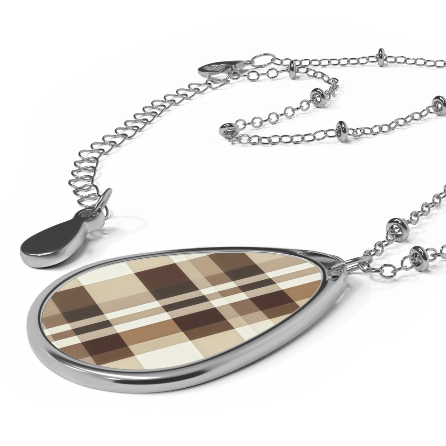 Plaid Beige Oval Pendant Necklace