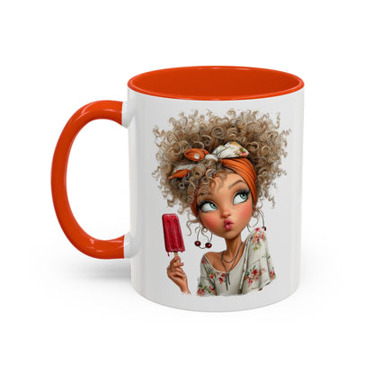 Cute Popsicle Illustrated Curly-Haired Girl Art Coffee Mug