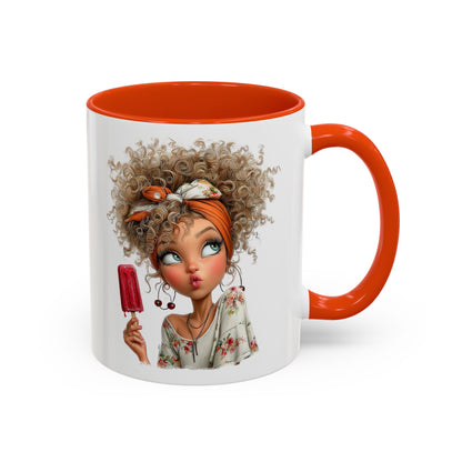 Cute Popsicle Illustrated Curly-Haired Girl Art Coffee Mug