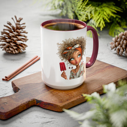 Cute Popsicle Illustrated Curly-Haired Girl Art Coffee Mug