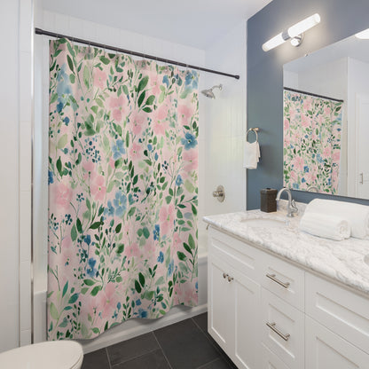 Floral Pink & Blue Watercolor Shower Curtain