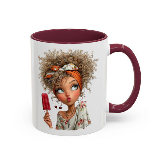 Cute Popsicle Illustrated Curly-Haired Girl Art Coffee Mug
